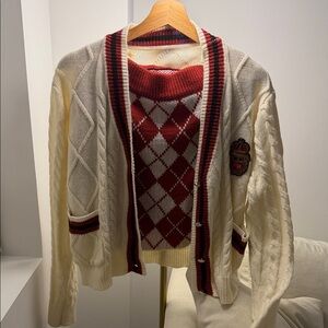 Cider Women's Cream and Red Argyle Sweater Set